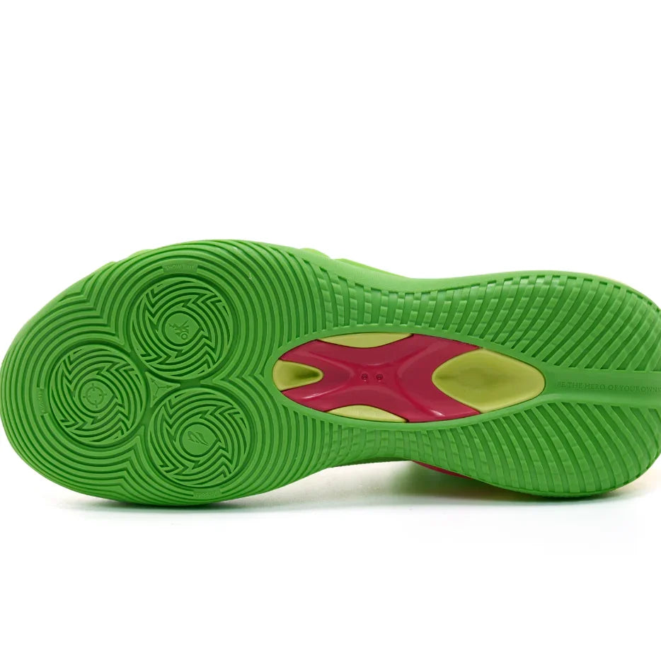 Green athletic shoe sole with a pink logo on a white background